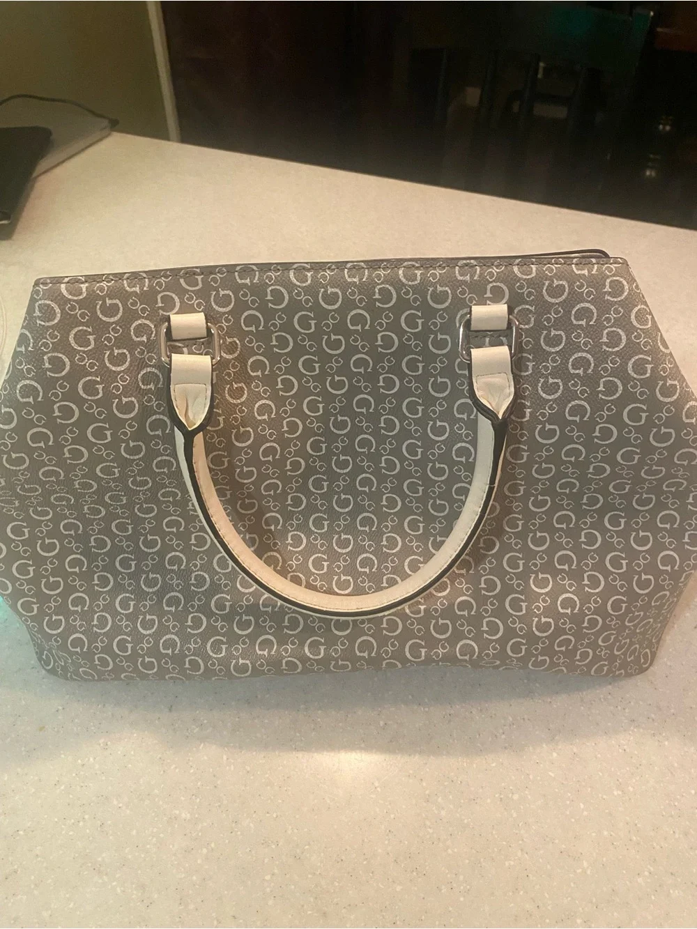 GUESS Gray Monogram Satchel with Cream Trim